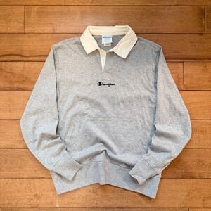 Champion Mens Rugby Shirt Gray Long Sleeve Kangaroo Pocket Polo Medium T5934 806